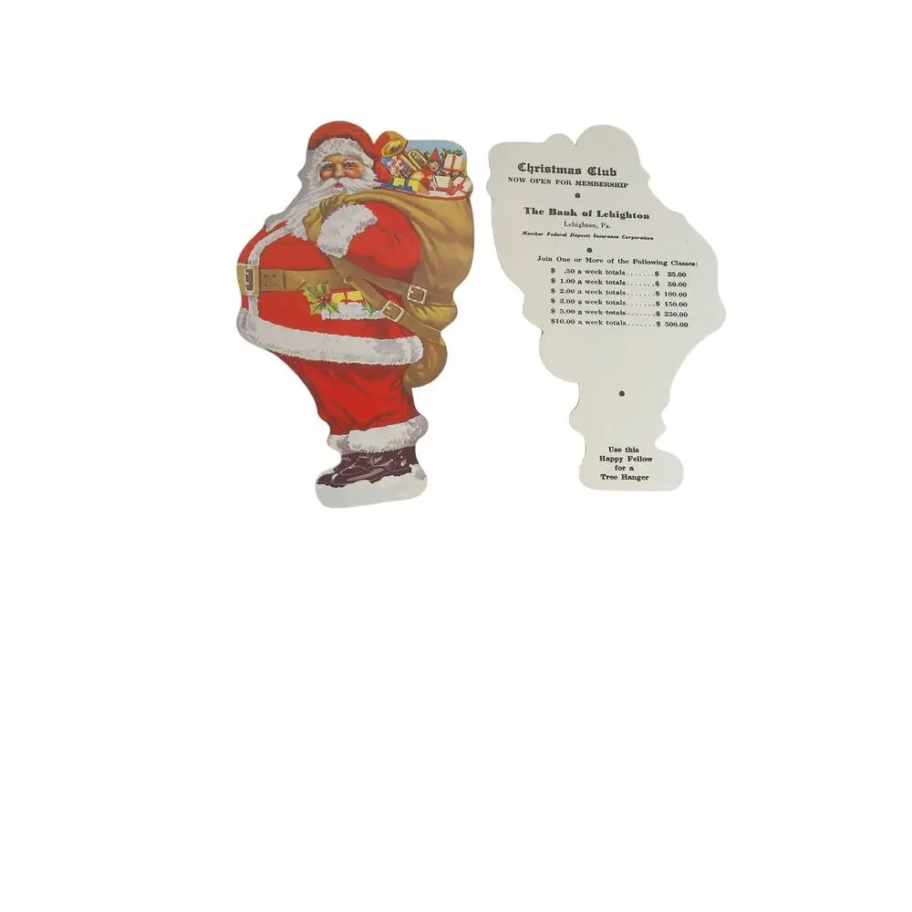 Vintage Bank of Leighton Christmas Club Die Cut Santa Claus Advertising